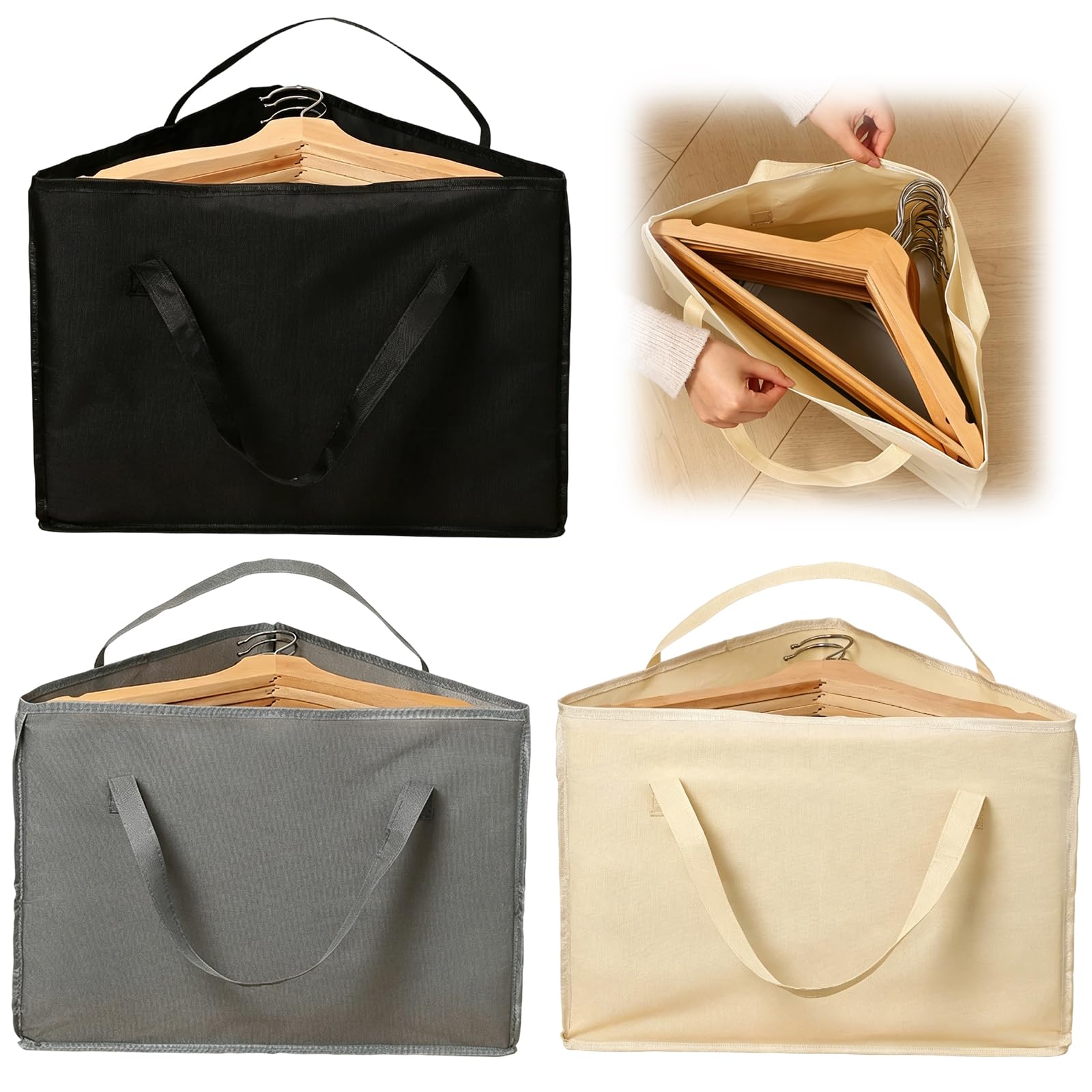 3 PCS Pack Storage Bags for Foldable Coat Hangers, Coat Hanger Storage, for Wardrobe and Travel, 34 cm Triangular Design in Grey Beige Black