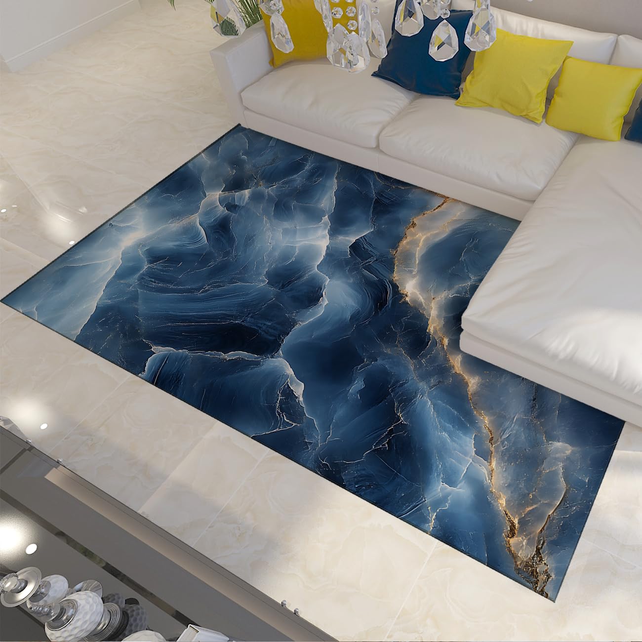 Ciemnoniebieski dywan wejściowy 140 x 200 cm, do kuchni, cienki, abstrakcyjny wzór kamienia oceanowego, nadaje się do prania w pralce, antypoślizgowy dywanik do przedpokoju, sypialni