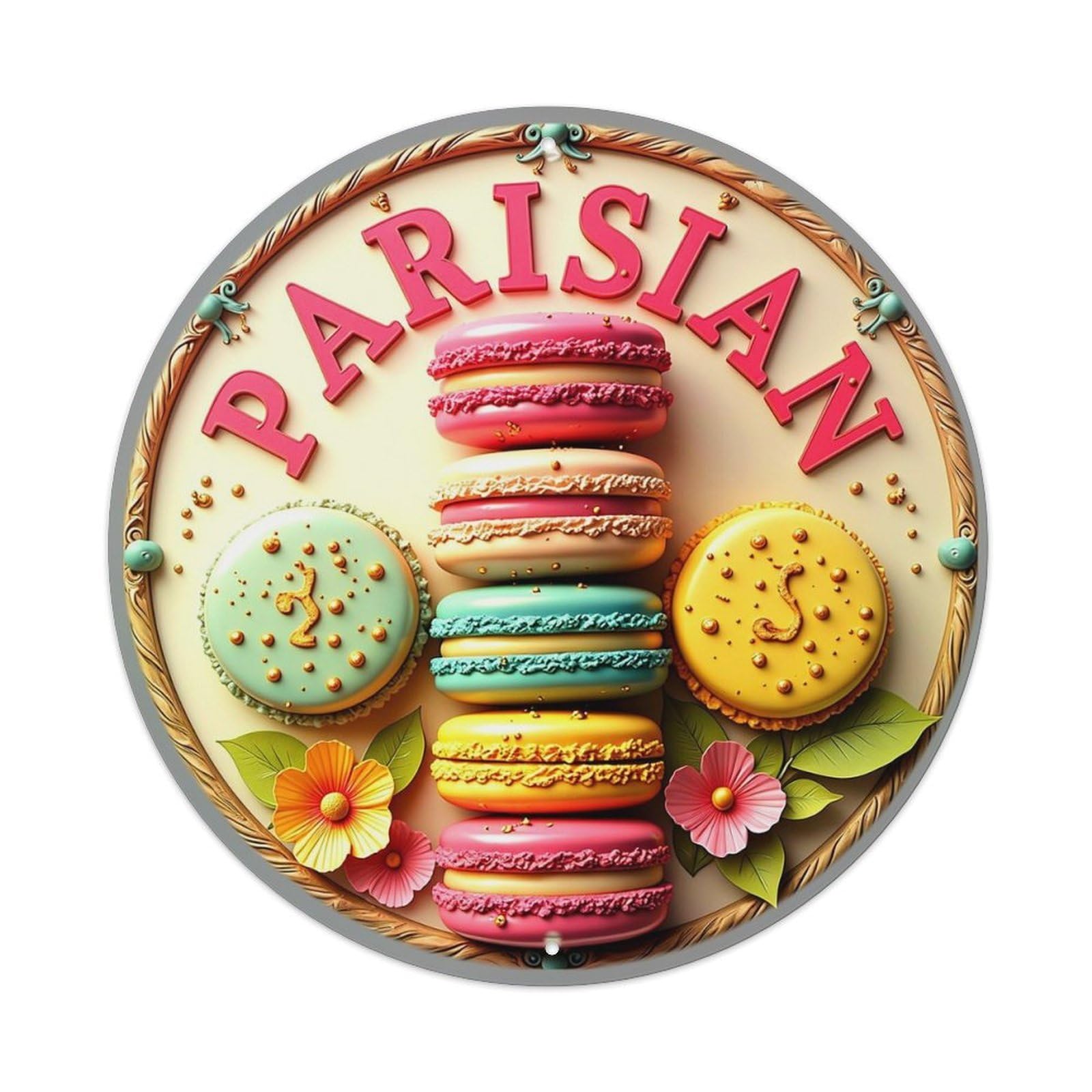 Parisian Macaron Pattern Design Art Retro Metal Sign Round Tin Sign, Vintage Decor Art Poster for Bar, Home, Man Cave, Kitchen, Laundry Room Gift 8x8Inch