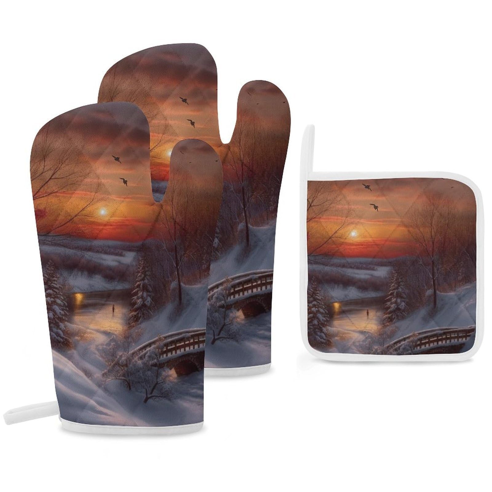 Oven Mitts and Pot Holders Set of 3 Heat Resistant Non-Slip Kitchen Gloves Hot Pads Winter Sunset Mittens Gloves Non-Slip Potholders for Cooking Baking Grilling BBQ