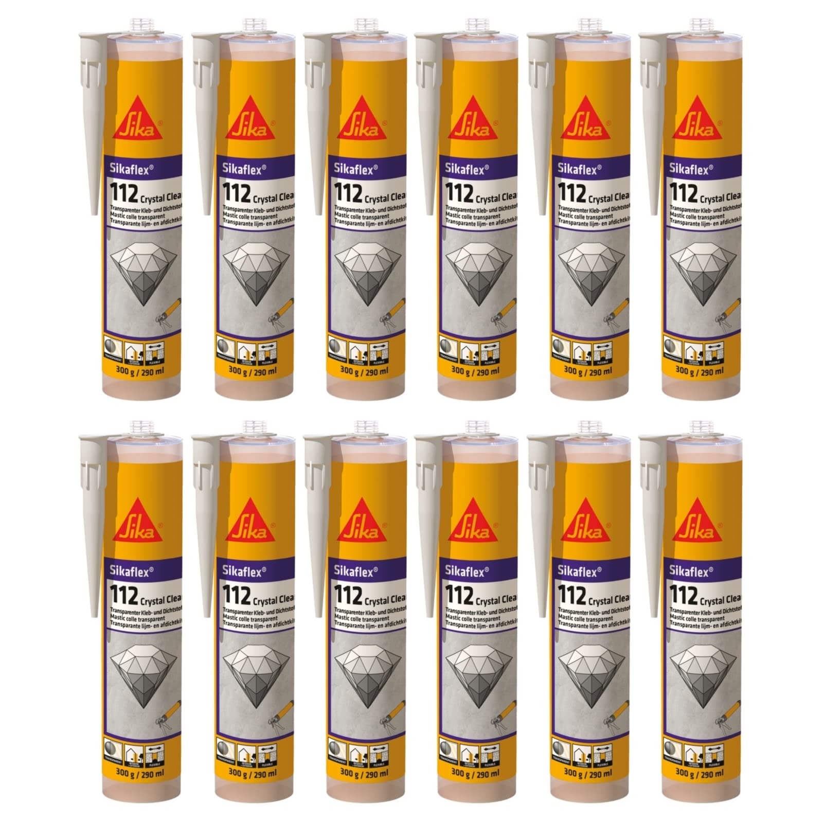 12x Sikaflex 112 Crystal Clear Universeller Kleb- und Dichtstoff 300g Kartusche Kristallklar