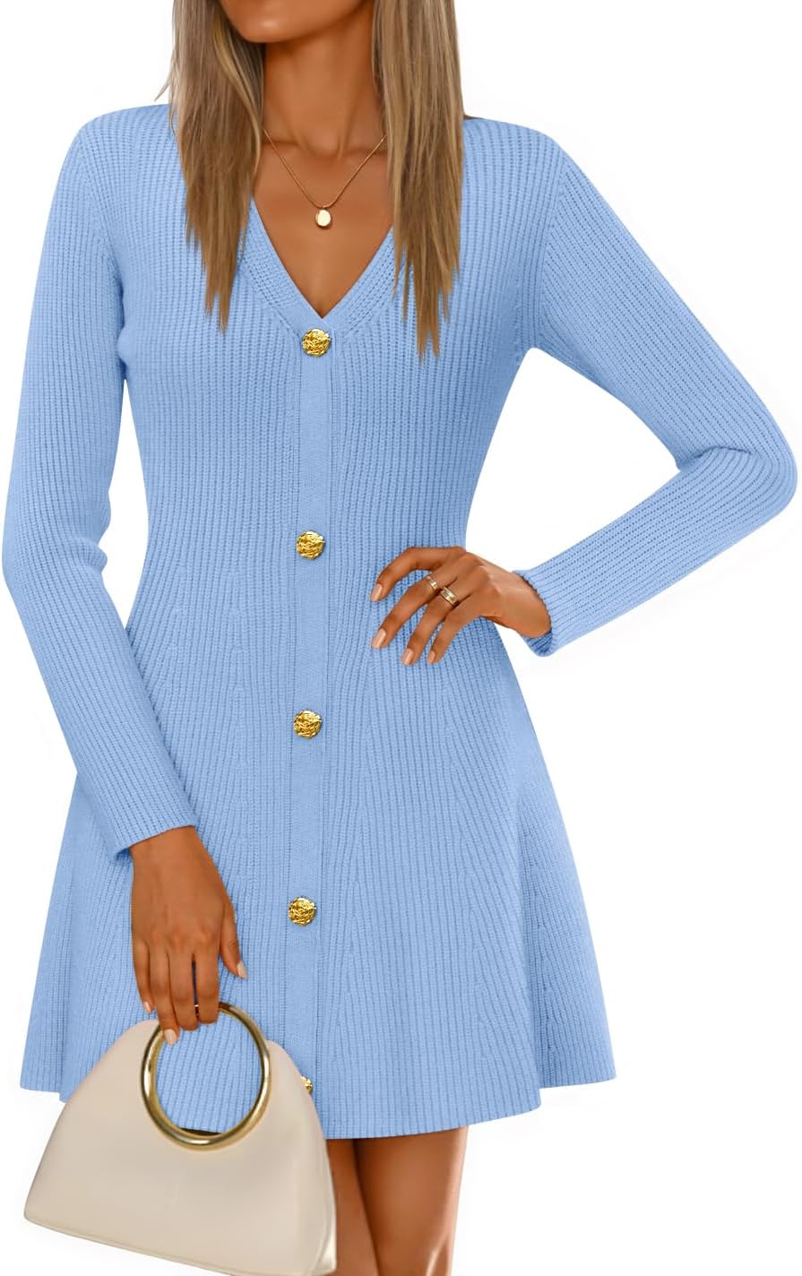 ZESICA Women's Fall Long Sleeve Sweater Dress 2026 Casual V Neck Button Ribbed Knit A Line Swing Mini Dresses