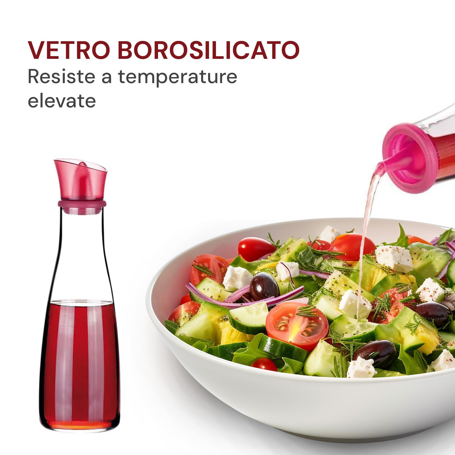 Avilia Set da Tavola Olio e Aceto 250ml - Realizzate in Vetro Robusto - Beccucci Flessibili Antigoccia in Silicone - Tappi Colorati Verde e Bordeaux - Supporto Comodo ed Elegante - Facile da Pulire