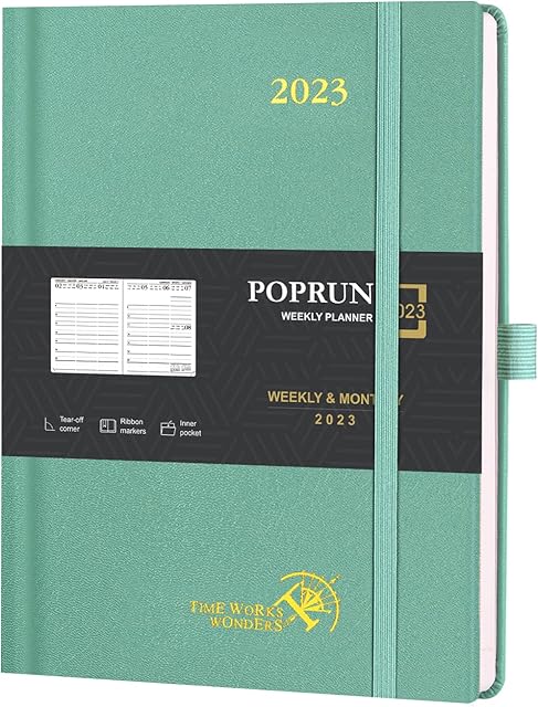 POPRUN Diary 2023 Week to View 26.5 x 21.5 cm Hardback - Vertical Weekly Planner with Appointment, Dotted Note Pages, Inner Pocket, FSC® Certified 80 GSM Ivory Paper - Midnight Green