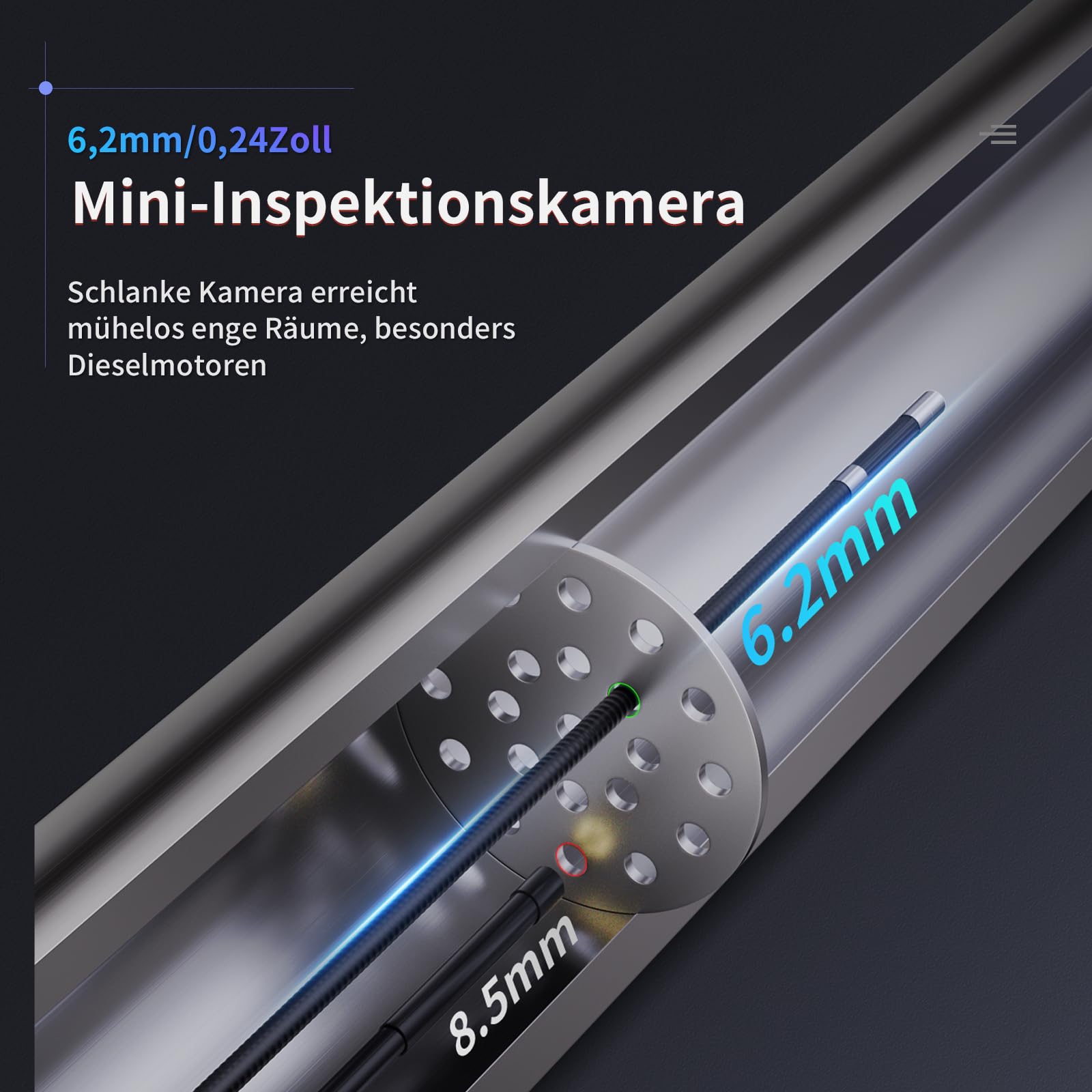Ralcam Telecamera Endoscopica Rotante 210°, Schermo HD 3,5", Sonda 6,2mm Semi-Rigida Impermeabile per Ispezione di Motore, Veicoli e Tubi (Cavo 2m)