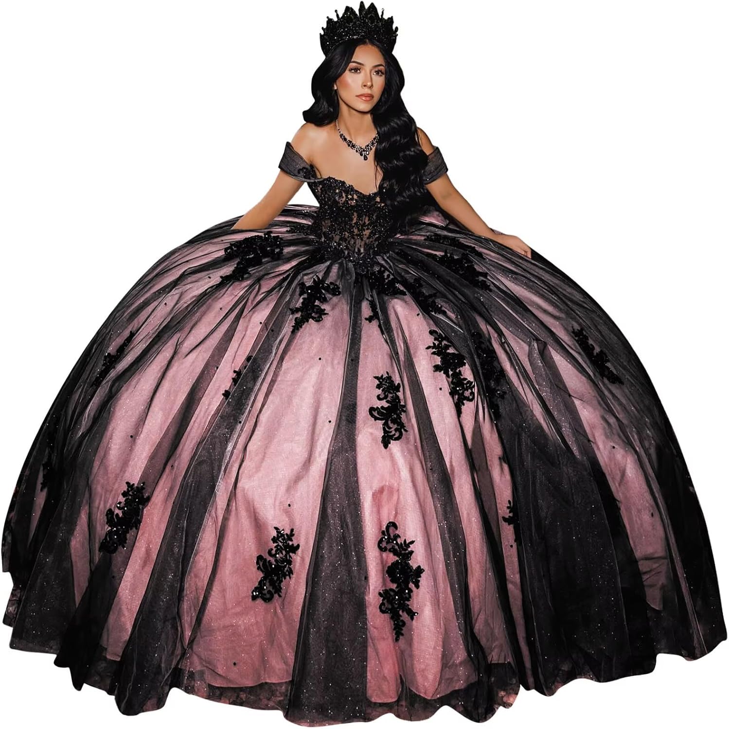 Black Lace Applique Quinceanera Dresses with Long Train Off Shoulder Sweet 16 Dresses Tulle Vestidos De 15 with Bow