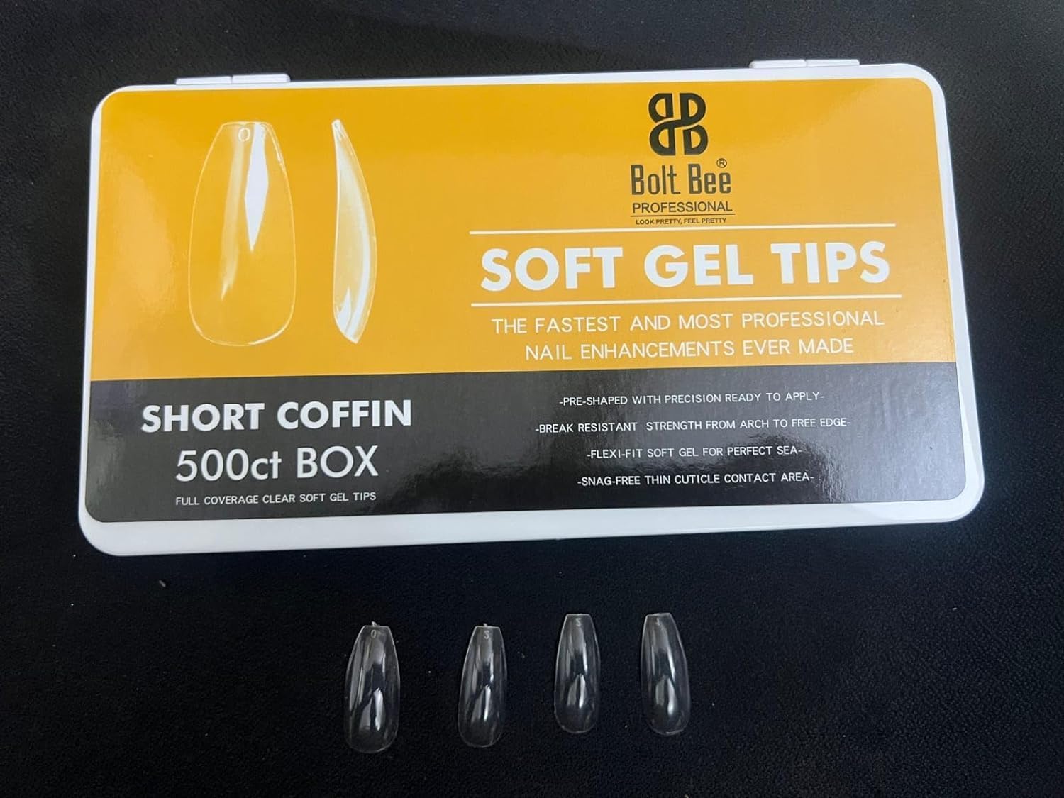Brille Bee Soft Gel Nail Tips - Full Cover Clear Soft Nail Tips for Extensions, 600PCS with Storage Box for Nail Salons & DIY Nail Art" (Short Coffin, 1)