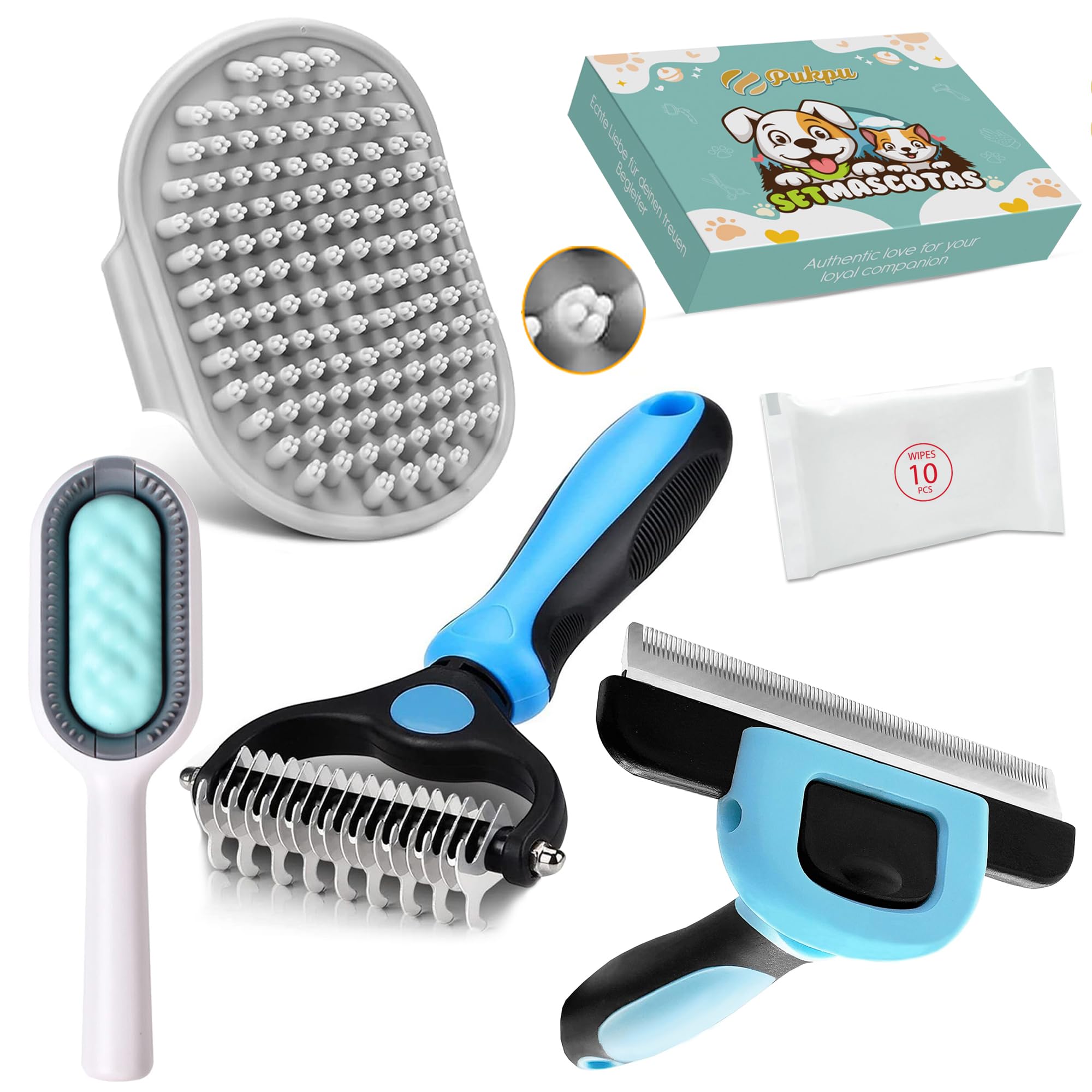 PUKPU Kit de Aseo para Mascotas de 5 Piezas - Incluye Cepillo Deslanador Pelo Largo, Cepillo Pelo Corto, Cepillo de Goma, Cepillo con Depósito de Agua y 10 Toallitas - Kit Cepillado Perros y Gatos