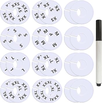 25 Pcs Clothing Rack Size Dividers Round White Plastic Size Markers for Clothing Rack Pre-Labeled XXS-L & Blank Dividers & Erasable Pen for Closet, Retail Store, Wardrobe