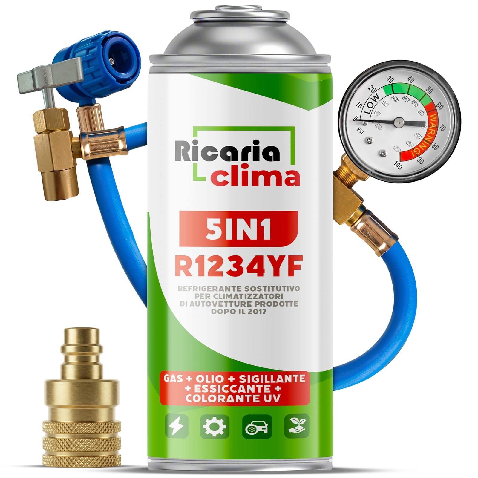 5 en 1 sustituto R1234yf – Refrigerante para Aire Acondicionado de Coche + Manguera y Adaptador YF – Aplicación rápida – Protege el compresor – 235 g por Caja