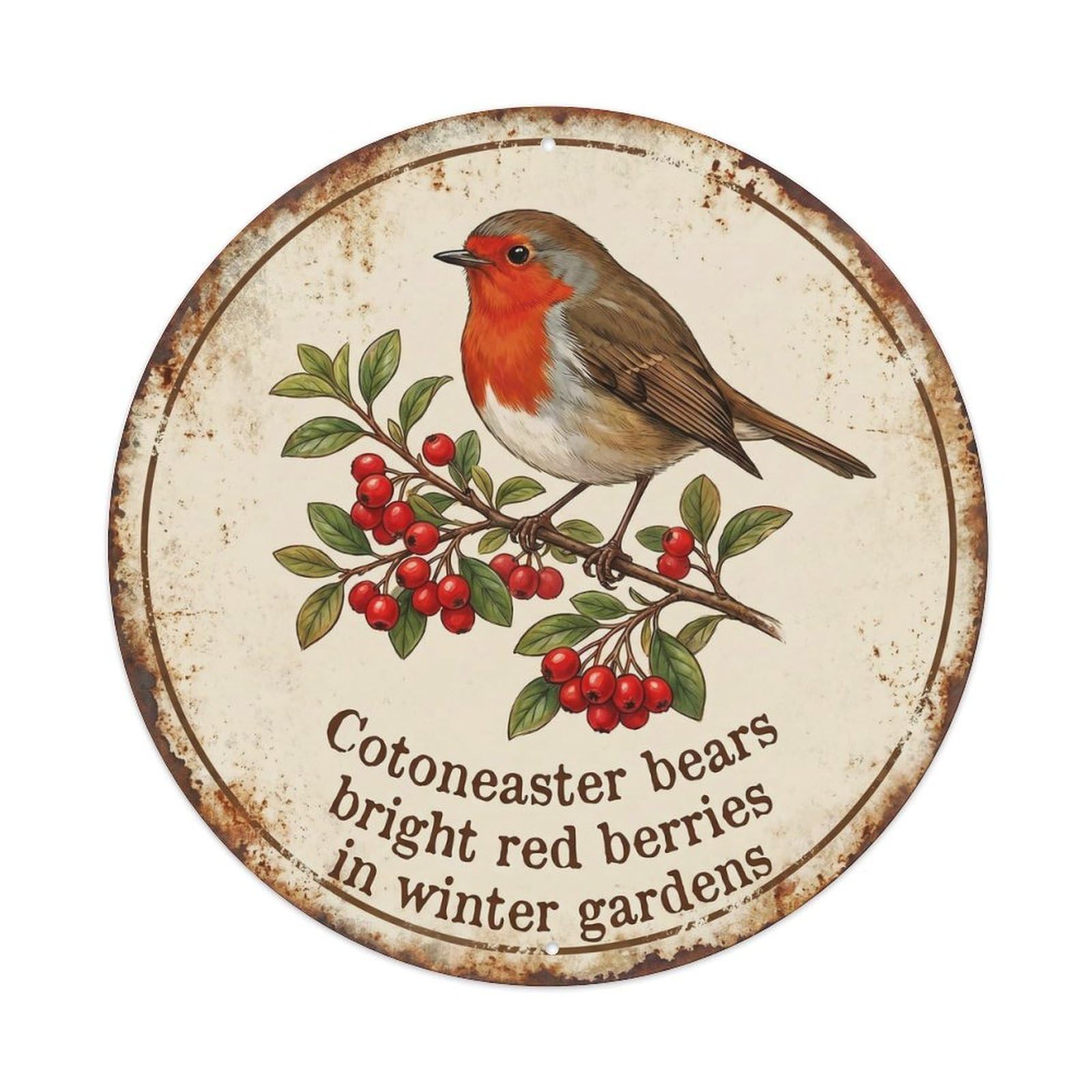 Robin Bird Garden Quote Cotoneaster RoundMetal Tin Sign