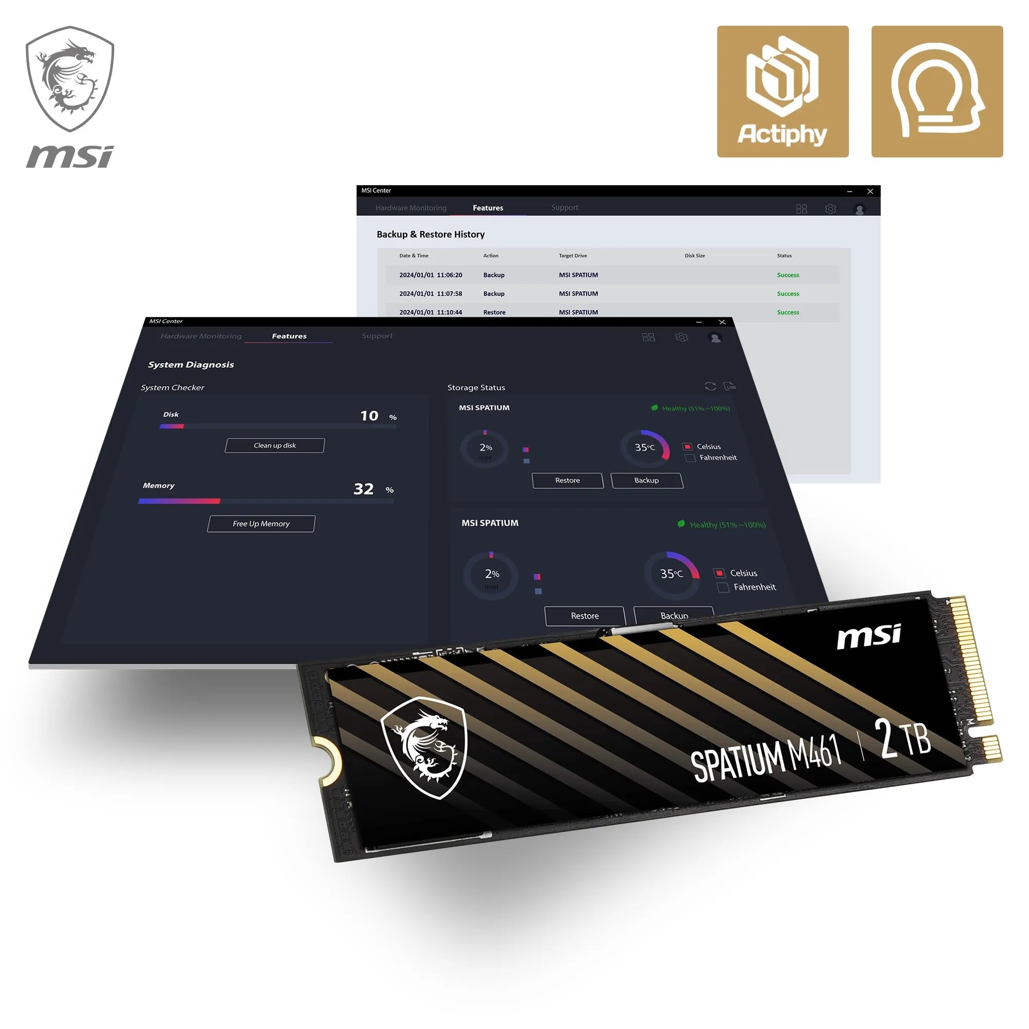 MSI SPATIUM M461 PCIe 4.0 NVMe M.2 2TB - Disque SSD Interne 2 to, PCIe 4.0 NVMe M.2, Lecture 5000 MB/s & Écriture 4200 MB/s, 3D NAND, Sécurité des Données Intégrée, Center, 450 TBW, Garantie 5 Ans