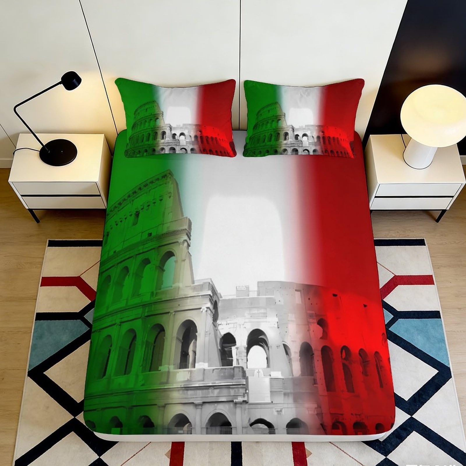 3D Printed Italy Flag Fitted Sheet Microfiber Soft Durable Colosseum Bed Cover for Bedroom Dormitory Guest Room Mattress Protection Decoration 140x200x25cm