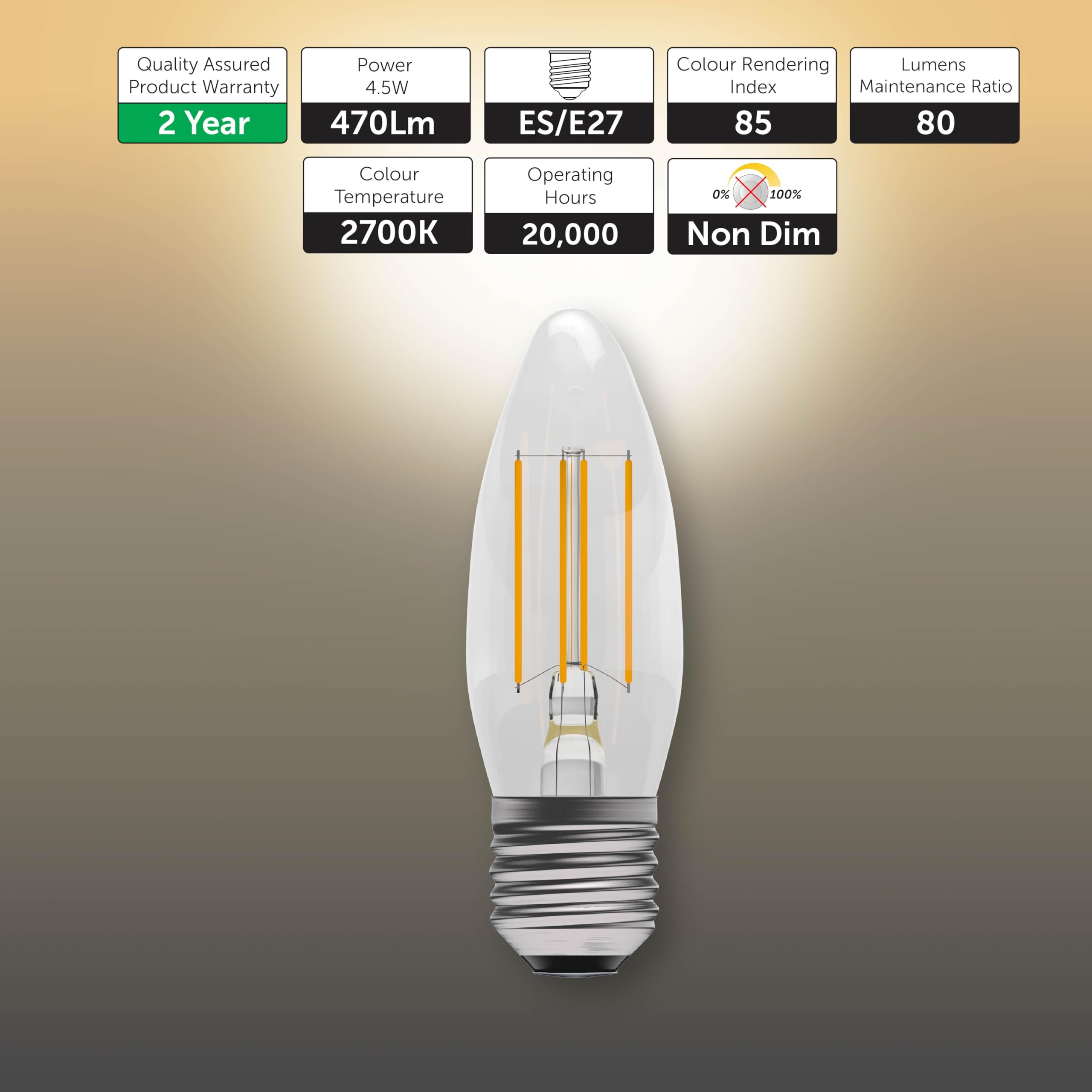 BELL Lighting E27 Filament Bulb LED Candle 3 Pack, Warm White - 2700k - Image 2