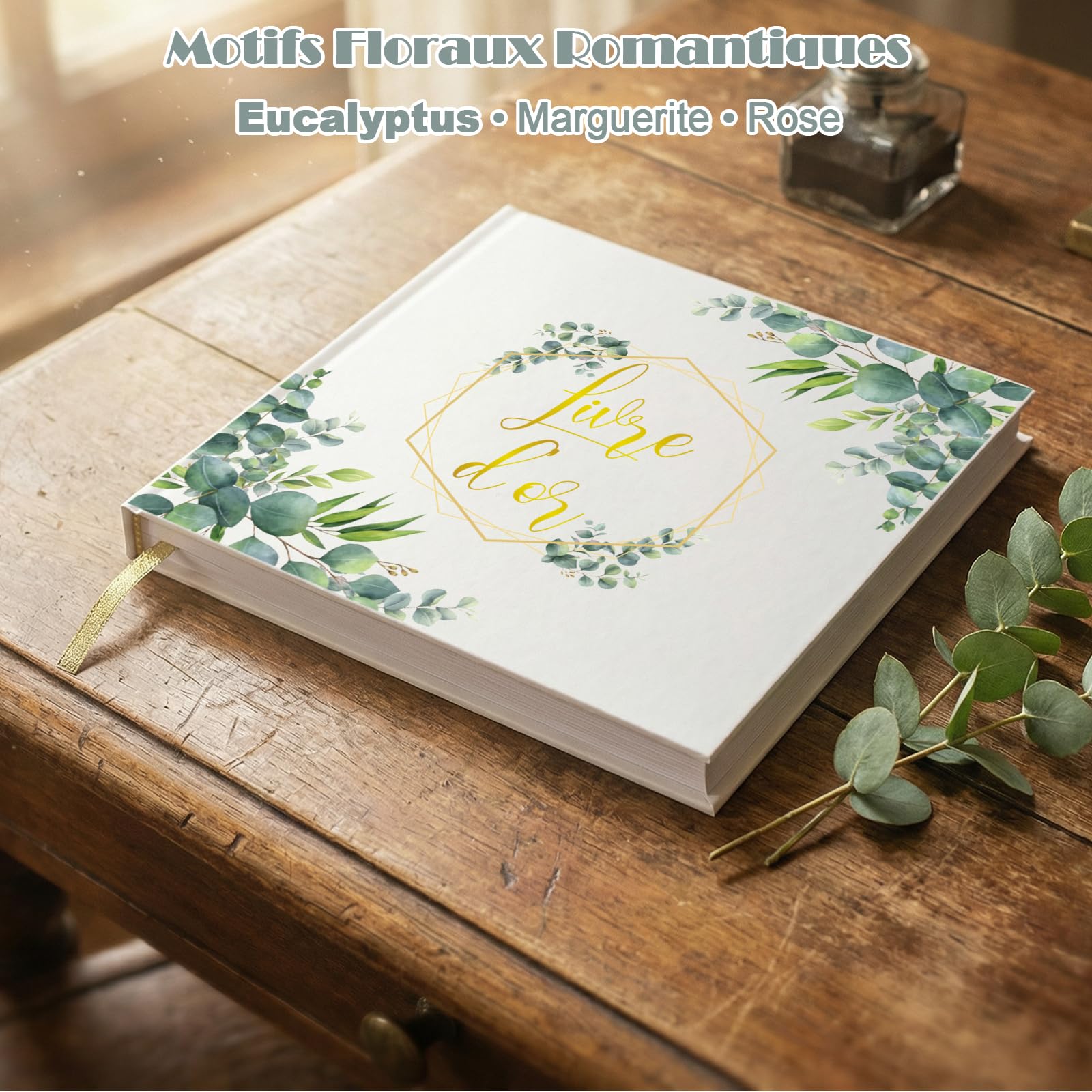 Livre d'or Mariage Motifs Floraux 21.5x21.5 cm Couverture Rigide 120 Pages Scrapbooking (Feuilles d'eucalyptus)