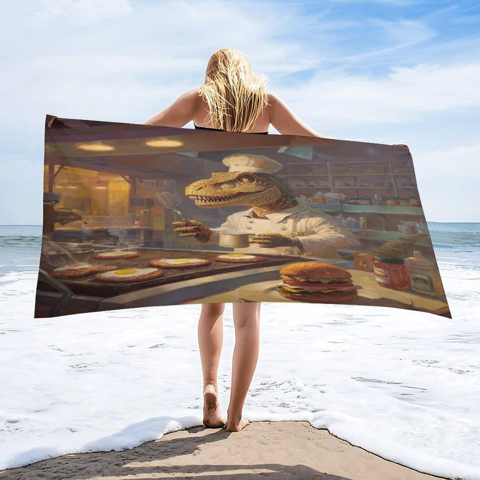 Luyysky Classic Abstract Dinosaur Chef Quick-Drying Beach Towel, Funny Oil Painting Cooking Food Hamburger Animal Dinosaur Travel Vacation Single Sided Pile Bathroom Towels-80 W Cm X 160" L Cm