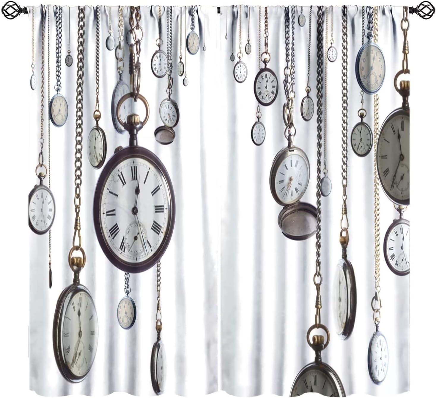 JESTRONRY Antique Clocks Curtains, Many Pocket Old Style Clocks on Watch Chain Rod Sleeves Window Drapes for Living Room Bedroom Kitchen Bathroom Home Decor W42xL63in