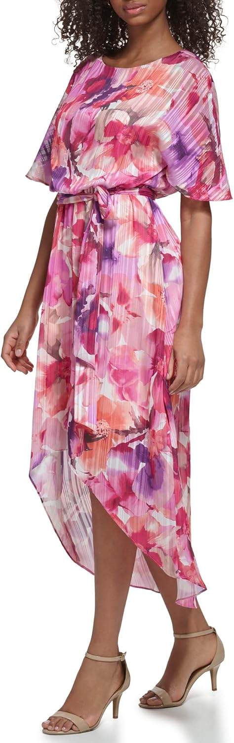 Jessica Howard Womens Floral Hi-lo Midi Dress – Short Sleeve Chiffon Lurex Cocktail Gown - Image 2