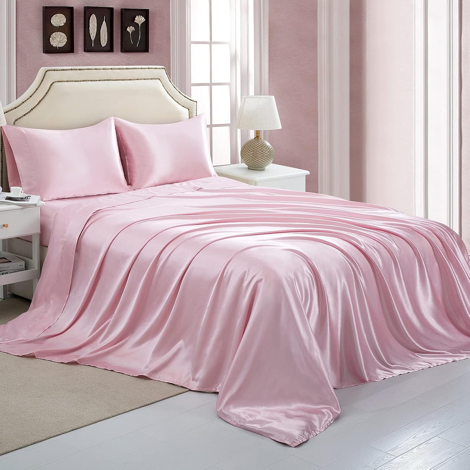 OAYSA Silk Satin Bed Sheets, Queen Size Sheets Set, Ultra Soft Silky Bedding Set with 18'' Extra Deep Pocket Fitted Sheet for High Mattress (Pink, Queen)