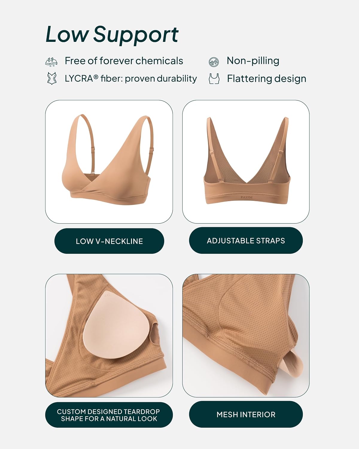 PAVOI ACTIVE V Neck Sports Bra for Women - Low Support Yoga Adjustable Straps Deep V Plunge Bra Removable Pads - FlexFlow