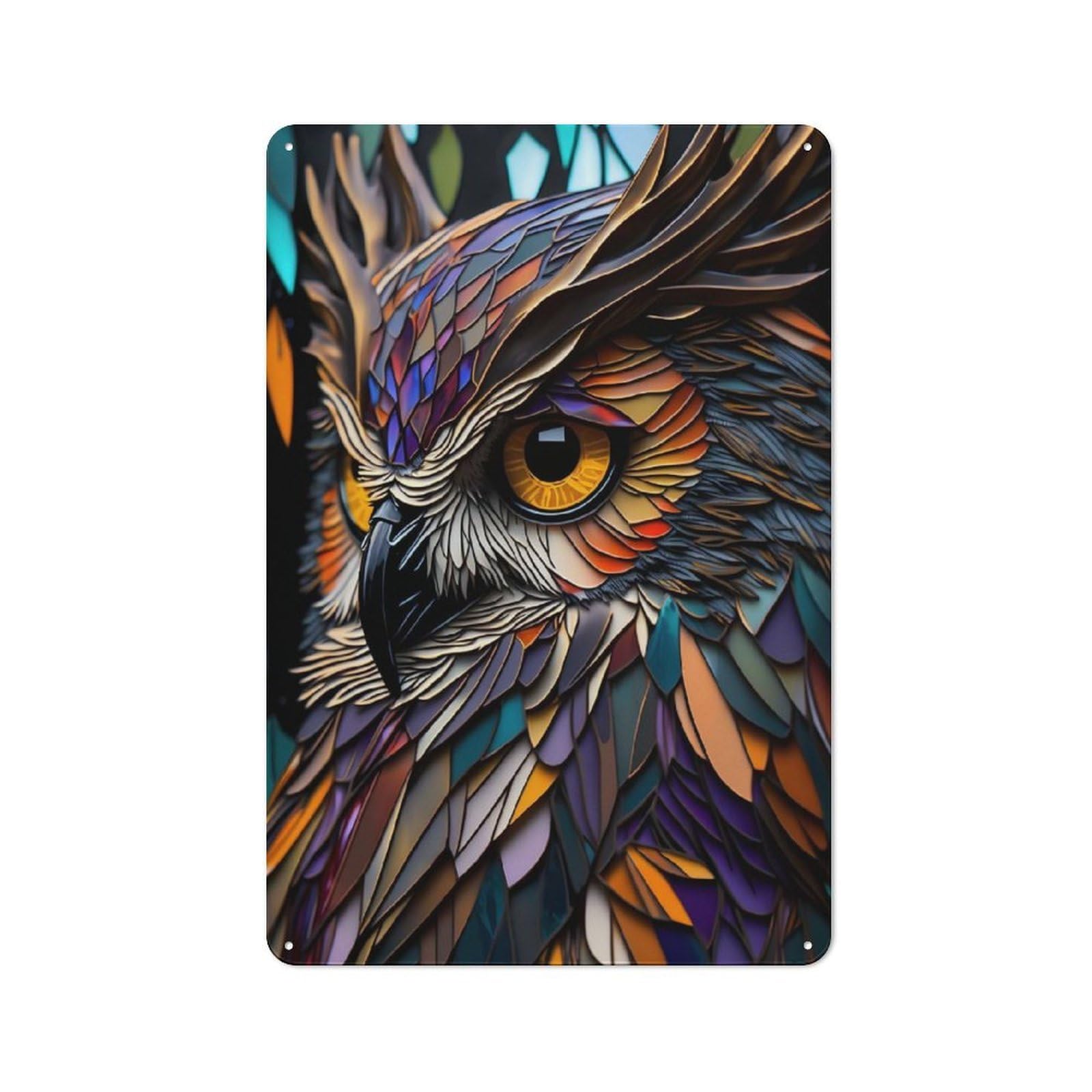 Junmoney Owls Vision Stained Glass Vintage Metal Gift Sign 30X20cm, Novelty Wall Art For Hallway, Home Bar, Garage Or Study