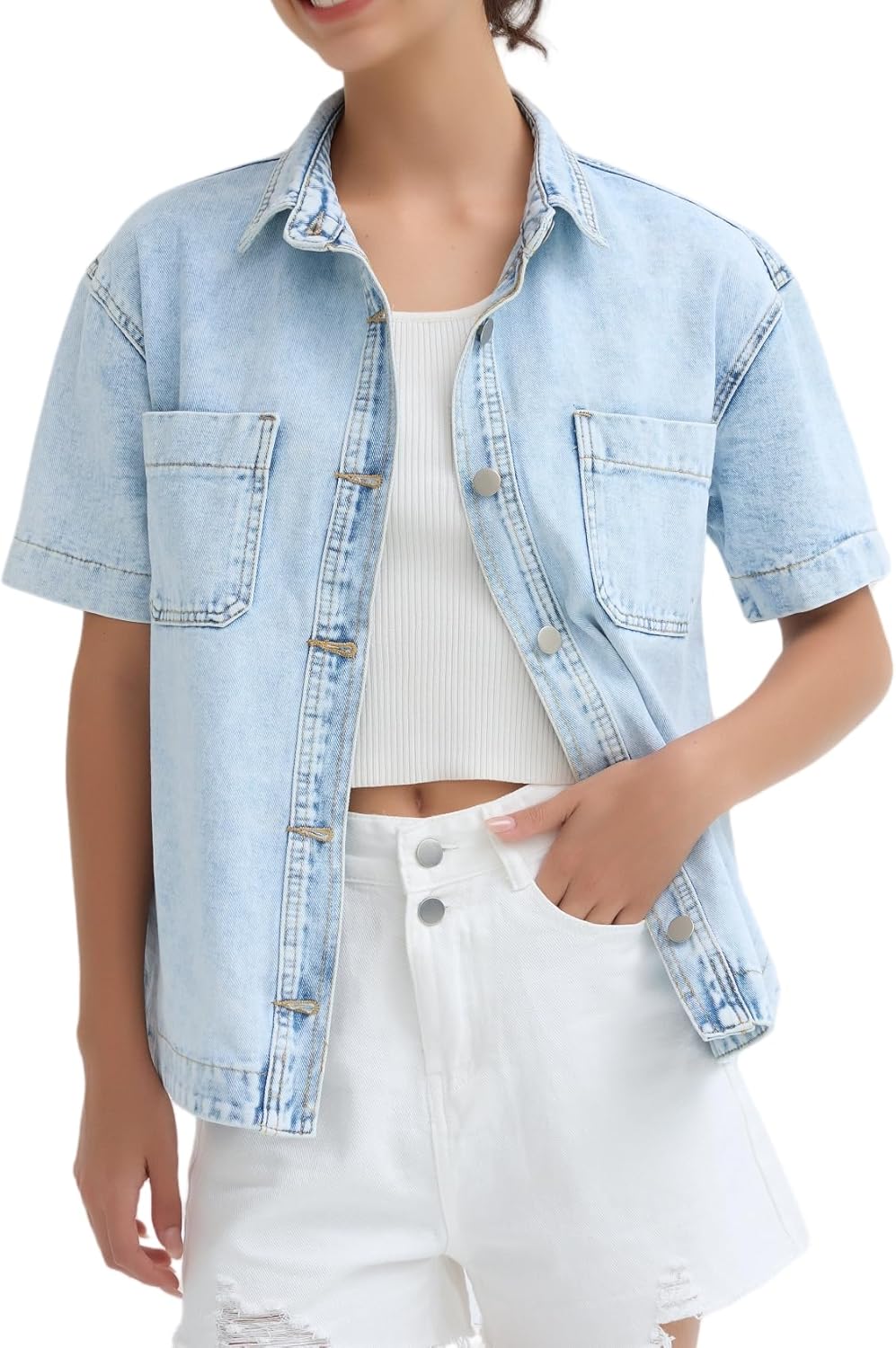 LifeShe Women Denim Shirt Short Sleeve Button Down Jean Jacket Shacket