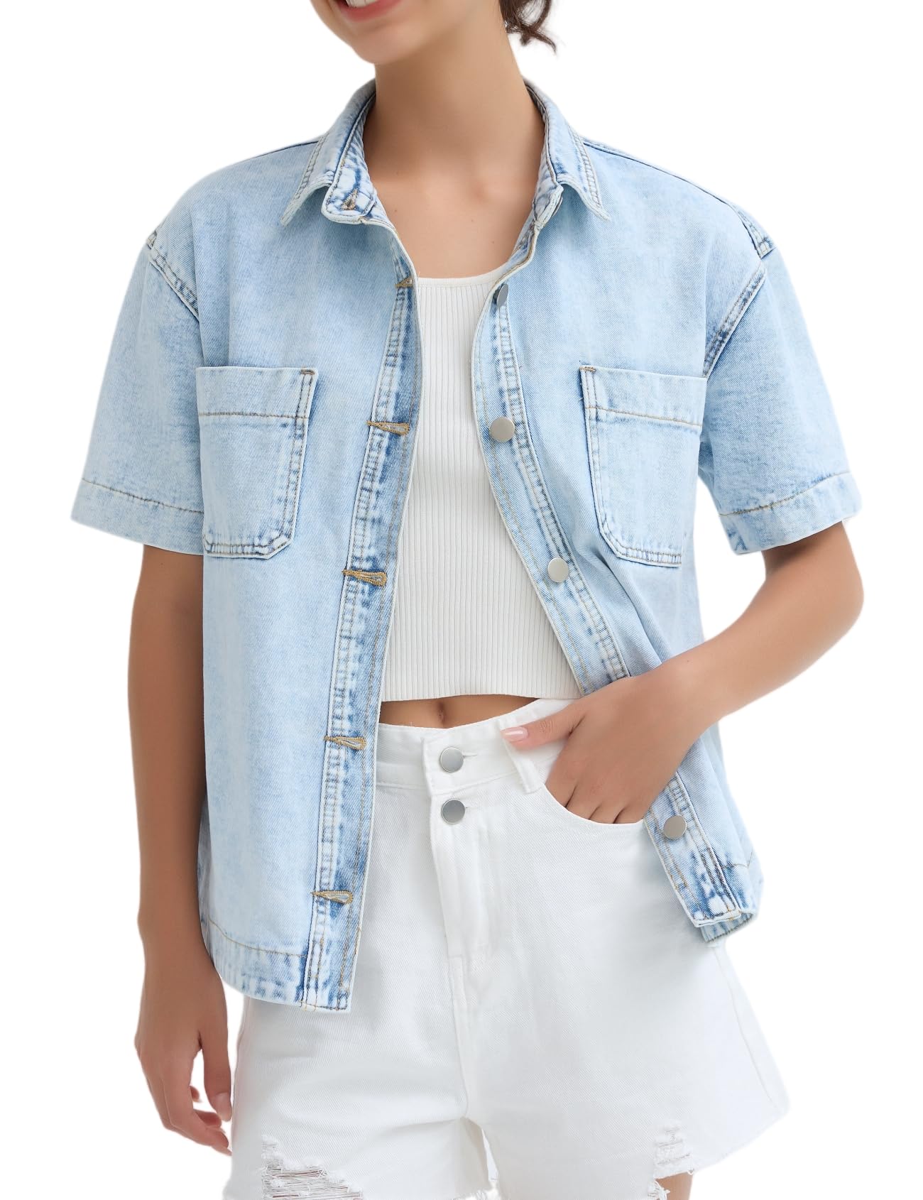 LifeShe Women Denim Shirt Short Sleeve Button Down Jean Jacket Shacket