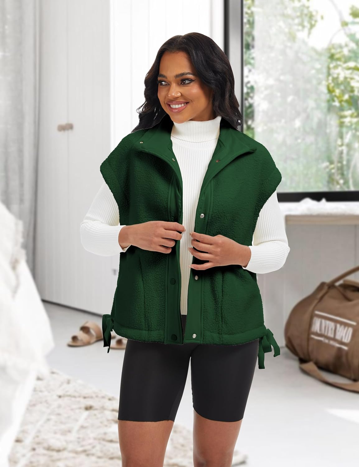 Sherpa Jacket for Women Casual Fleece Vest Oversized Sleeveless Outwear Warm Button Down Gilet with Pockets - Image 2