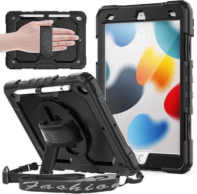 SEYMAC iPad 9th/8th Generation Case , iPad 10.2 inch 2020/2021 Case, Shockproof Case with Screen Protector, 360° Rotating Hand Strap & Stand, Adjustable Shoulder Strap, Pencil Holder for kids, Black
