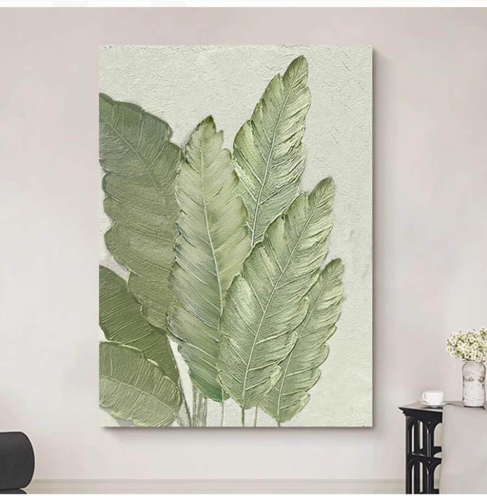 Peinture feuilles vertes grand format pour décorer un salon cocooning