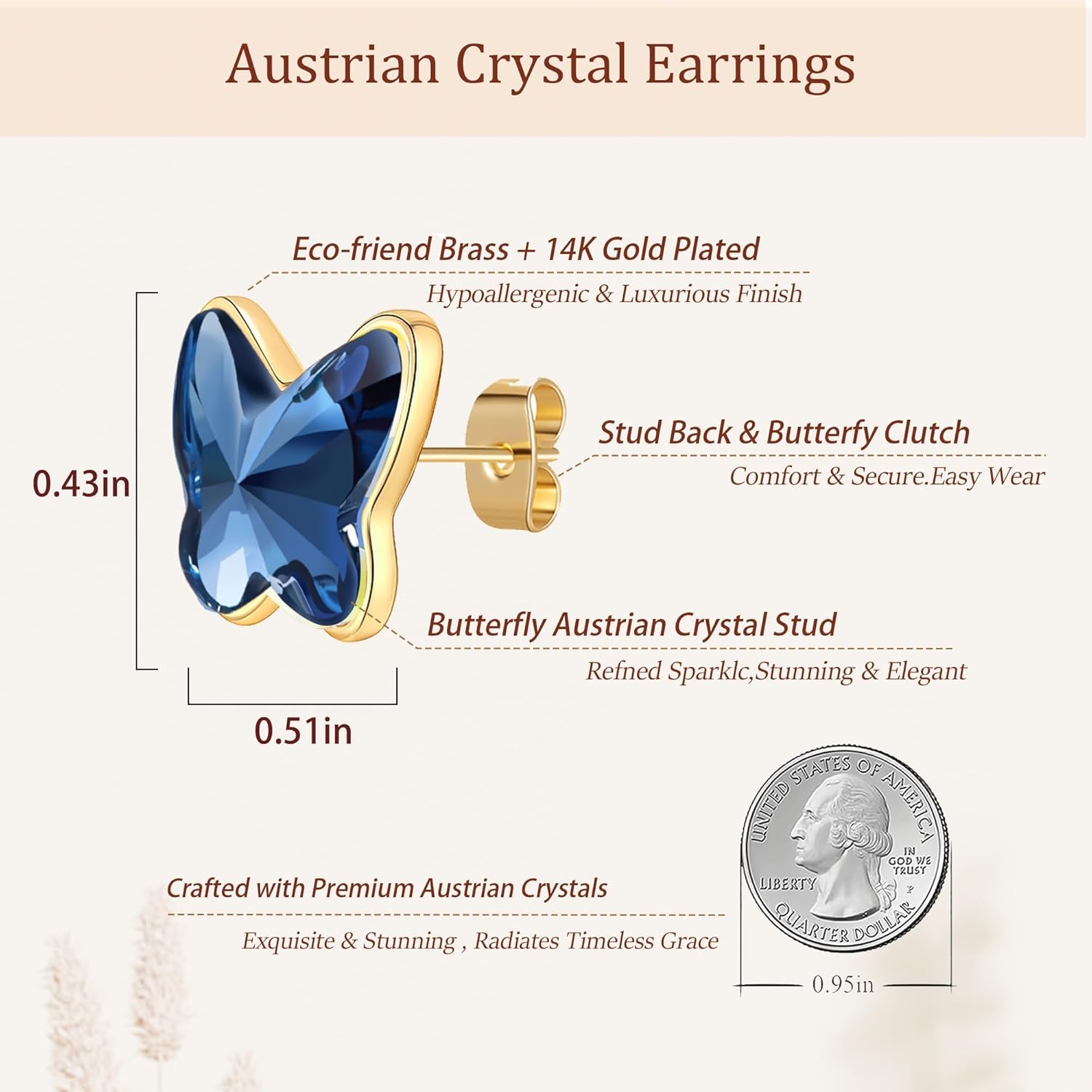 EVEVIC Austrian Crystal Butterfly Stud Earrings for Women S925 Sterling Silver Post with 14K Gold Plated Hypoallergenic Jewelry Gift - Image 6