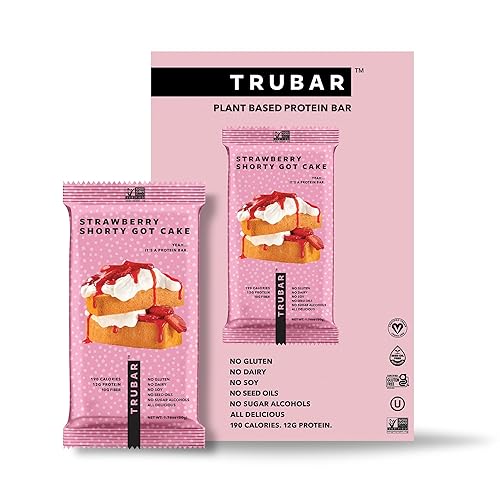 TRUBAR Vegan Protein Bar, Strawberry Shorty Got Cake, Gluten Free, Plant Based Protein, Dairy Free, Non GMO, Soy Free, No Sugar Alcohols, 12G Protein, 12G Fiber, 23G Carb, On the Go Snack Bars, 12 CT - Strawberry Shorty Got Cake