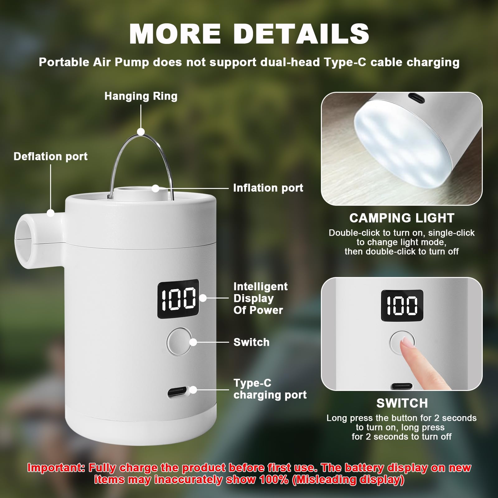 Bomba De Aire Eléctrica Portátil: Batería Recargable De 4000mAh Tipo-C, Bomba De Aire Eléctrica Mini con 5 Boquillas Y Lámpara De Camping para Flotadores De Piscina, Boyas Salvavidas (Blanco)