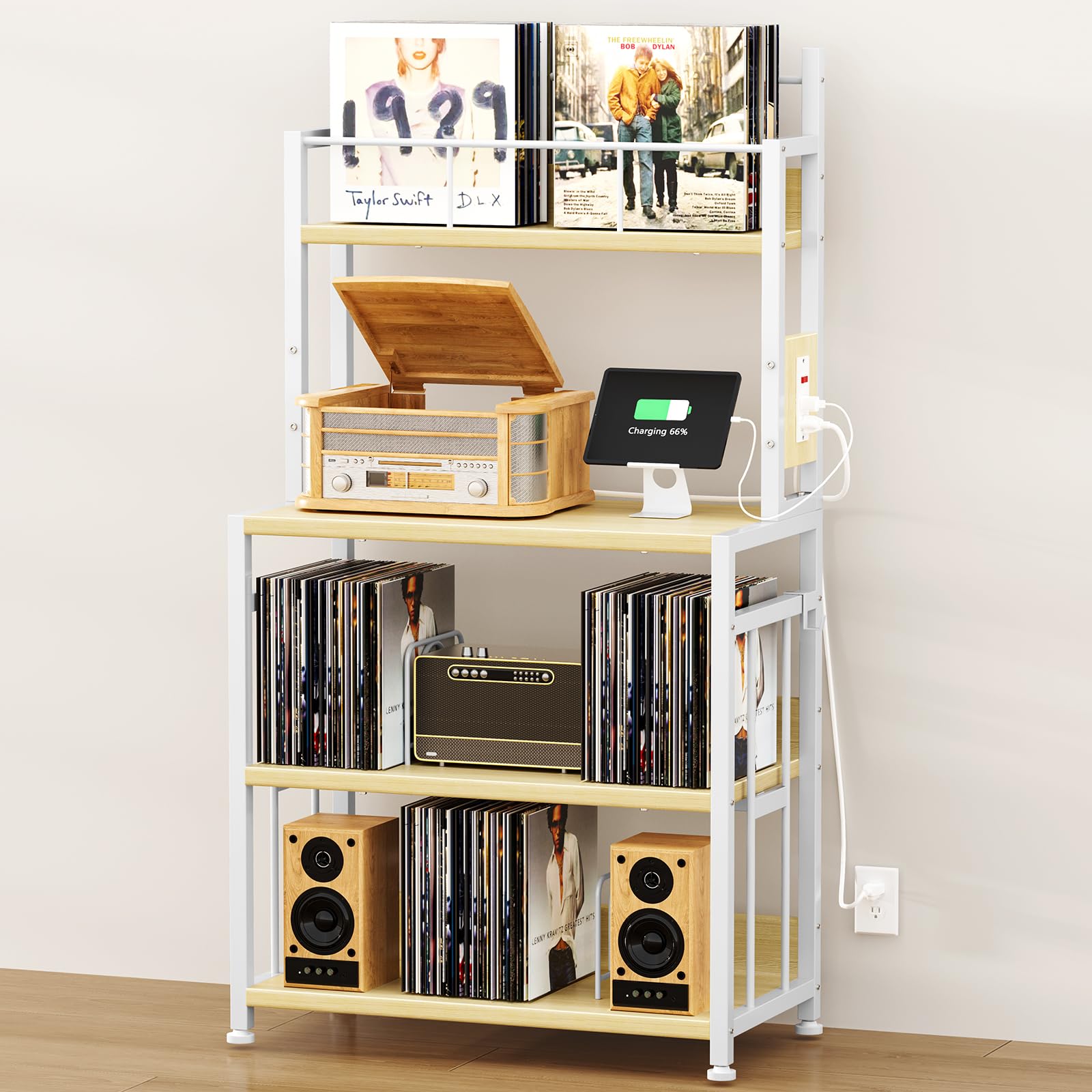 easycom record player stand with vinyl storage, turntable stand holds up to 300 albums, large record player table with charge station, vinyl record stand for living room bedroom, beige