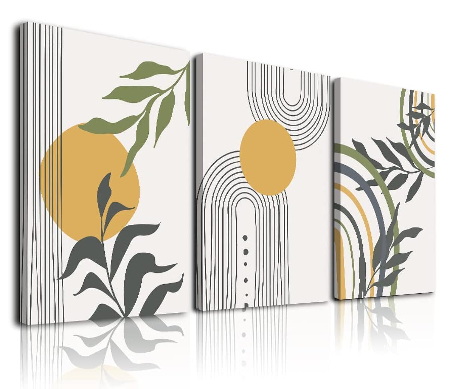 Set Di 3 Stampe Su Tela Boho – Quadri Geometrici Botanici Minimal – Decorazione Parete Verde Salvia – Cornice Inclusa 30x40cm