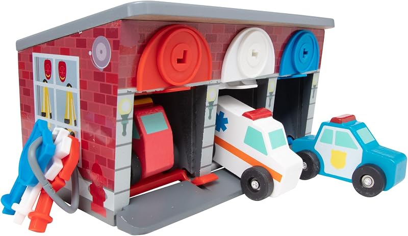 Juego de vehículos de juguete de madera para garaje de rescate de llaves y autos | 7 piezas, garaje portátil de 3 bahías, 3 llaves de colores, 3 vehículos, juego de simulación para desarrollar habilidades motoras, juguetes preescolares para niños, mayores de 3 años