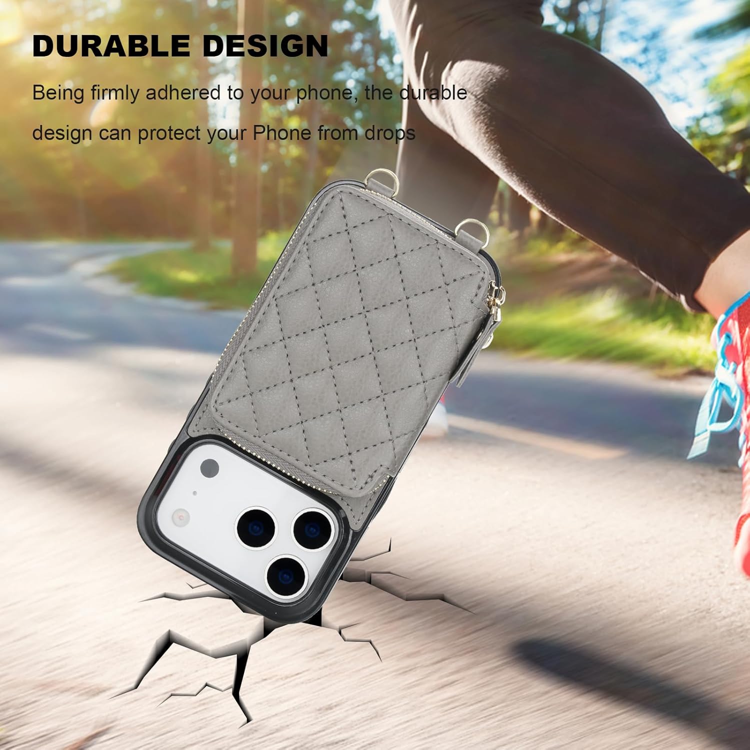 Bocasal Crossbody Wallet Case for iPhone 17 Pro, RFID Blocking PU Leather Zipper Handbag Purse Flip Cover, Kickstand Folio Case with Card Slots Holder Wrist Strap Lanyard 5G 6.3 Inch (Grey)