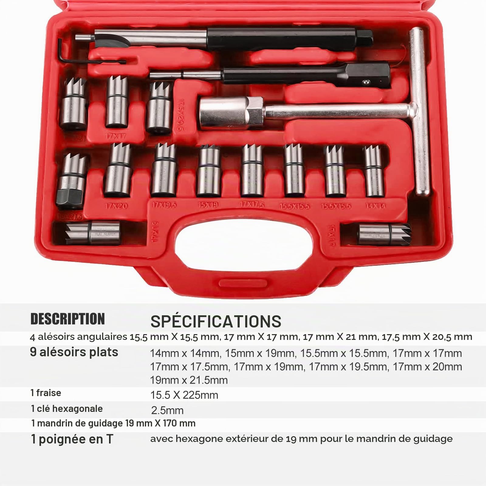 FreeTec 17 pièces Fraise Injecteur, 14-21,5 mm Kit Fraise Siège Injecteur Diesel, Professionnel Fraises Siège Puit Injecteurs, Universel Nettoyage Alésoir Injecteurs Diesel pour VW Audi BMW
