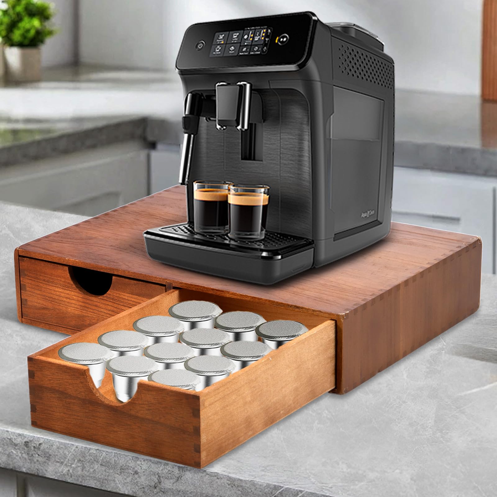 Boîte Rangement Dosettes Café En Bois - 2 Tiroirs, Dimensions 39.3x28x8 Cm - Organisateur Compact Pour Machine à Café, Bureau