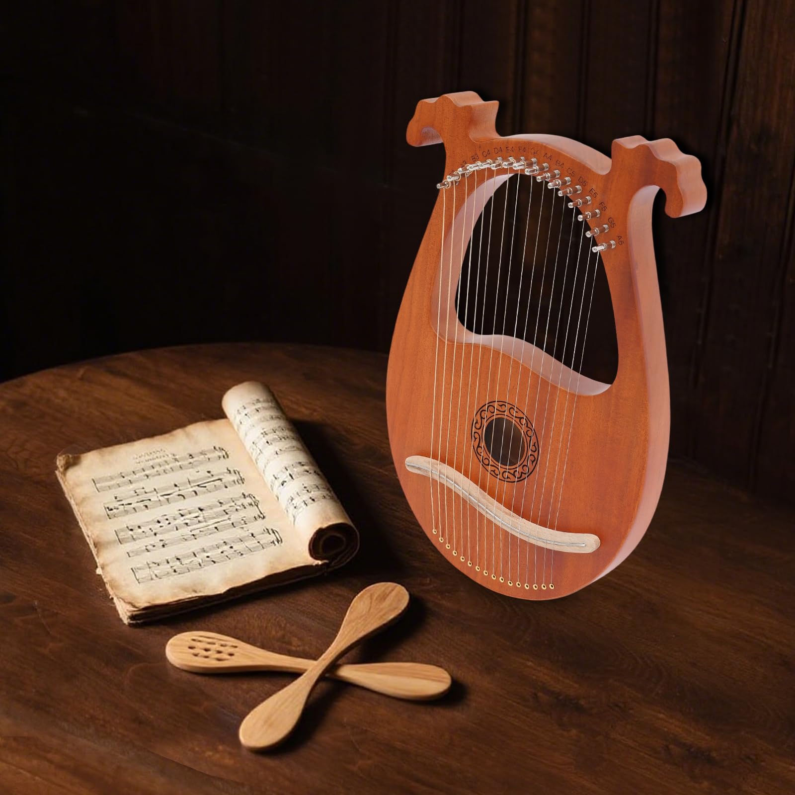 Arpa de 16 cuerdas con patrón europeo | Arpa de viaje ligera en aspecto de madera natural | Ideal para niños | Pedagogía musical y relajación en casa | Diseño elegante para salón, escuela y jardín