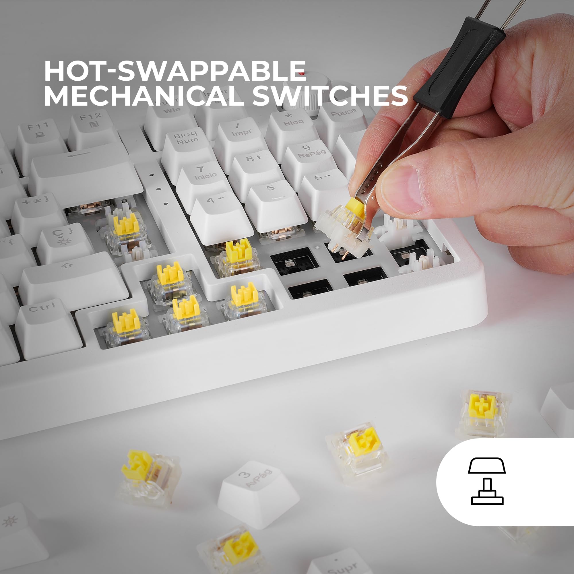 Mars Gaming MKPRO, Portugués, Teclado Mecánico Gaming Completo, RGB Chroma, Switches Hot-Swap Mecánicos, Antighosting, Rueda de Control, Software, Multiplataforma, Switch Silent, Blanco