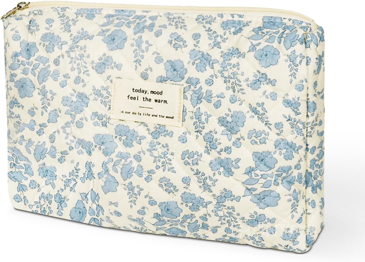 Large Makeup Bag Floral Cosmetic Bag Quilted Flower Travel Makeup Toiletry Bags Set Organizer Cotton Cute Make Up Accessories Zipper Bags Pouch Travel Essentials Gifts for Women Teen Girls Blue