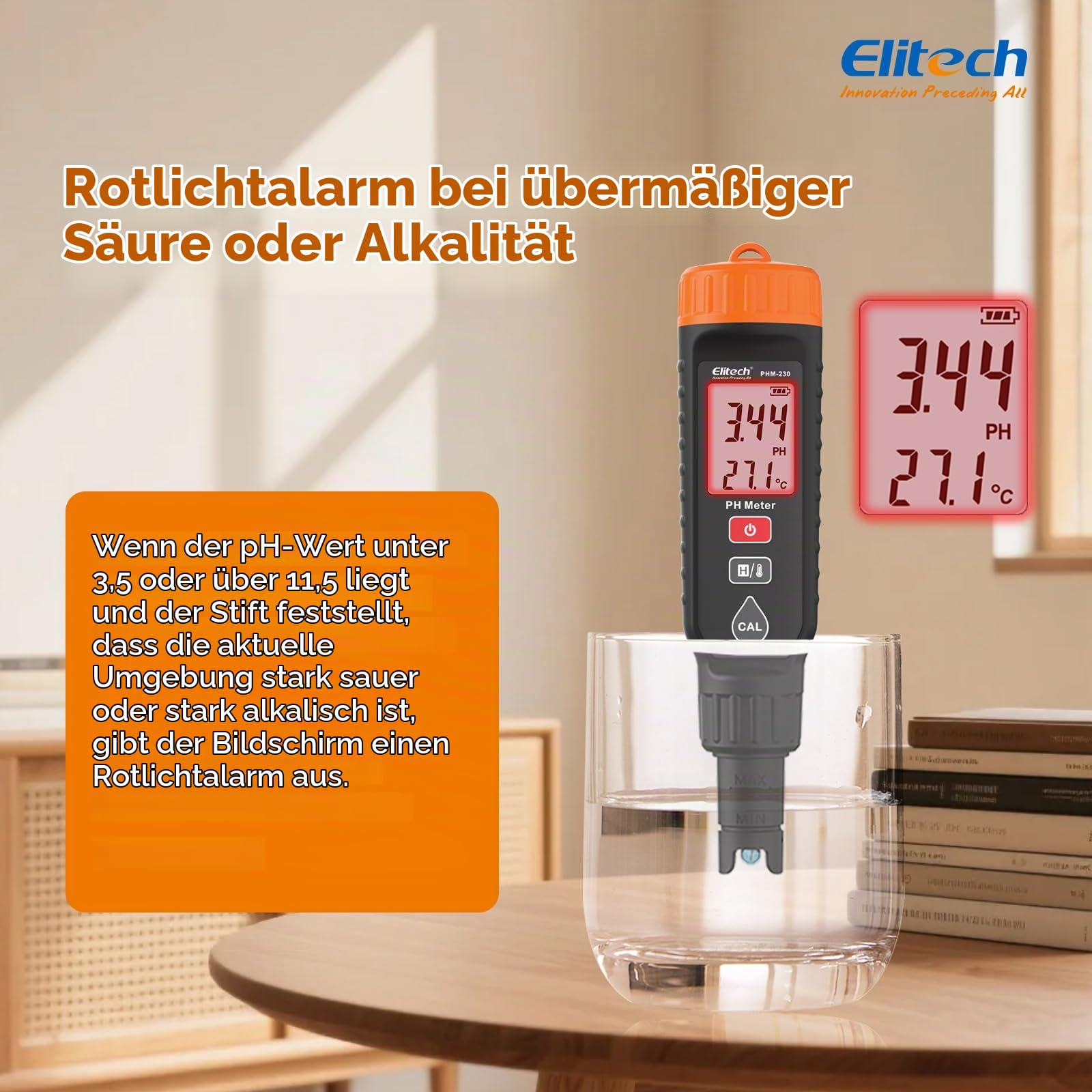 Elitech pH Messgerät mit Temperaturanzeige 0–14 pH ±0.05 Genauigkeit,pH Tester automatische Kalibrierung Hintergrundbeleuchtung mit Farbwarnung