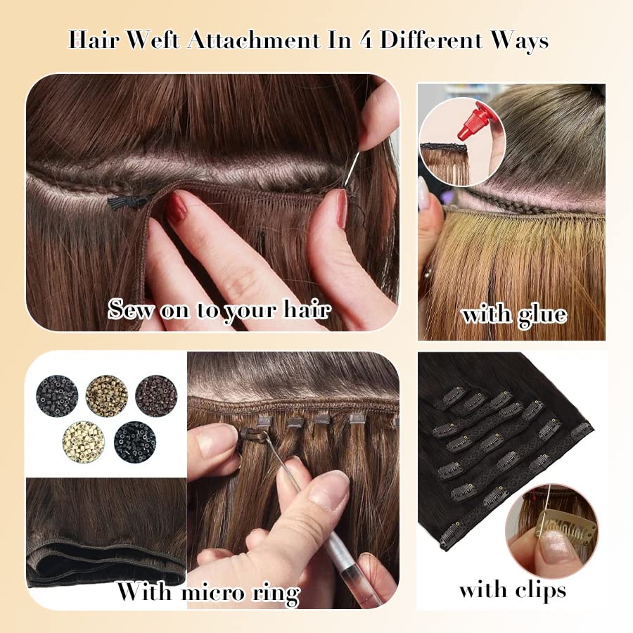 Miniatura 6 de Extensiones de cabello humano Remy con balayage atadas a mano, 24 pulgadas de largo, 4.23 onzas, color castaño medio, con reflejos rubio miel,