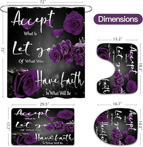 Miniatura 7 de Juego de 4 cortinas de ducha con diseño de rosas moradas con alfombra antideslizante, cubierta para tapa de inodoro, tapete de baño, cortina de