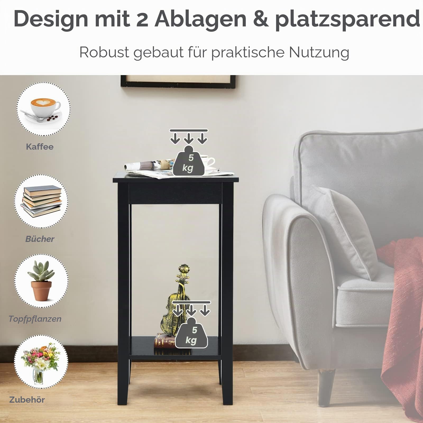 LIFEZEAL Beistelltisch 74cm Hoch, Telefontisch Sofatisch mit Ablage, Ablagetisch aus Massivholz, Holztisch Blumenhocker für Wohnzimmer, Schlafzimmer, Flur, 39,5 x 29,5 x 74 cm (1, Schwarz)