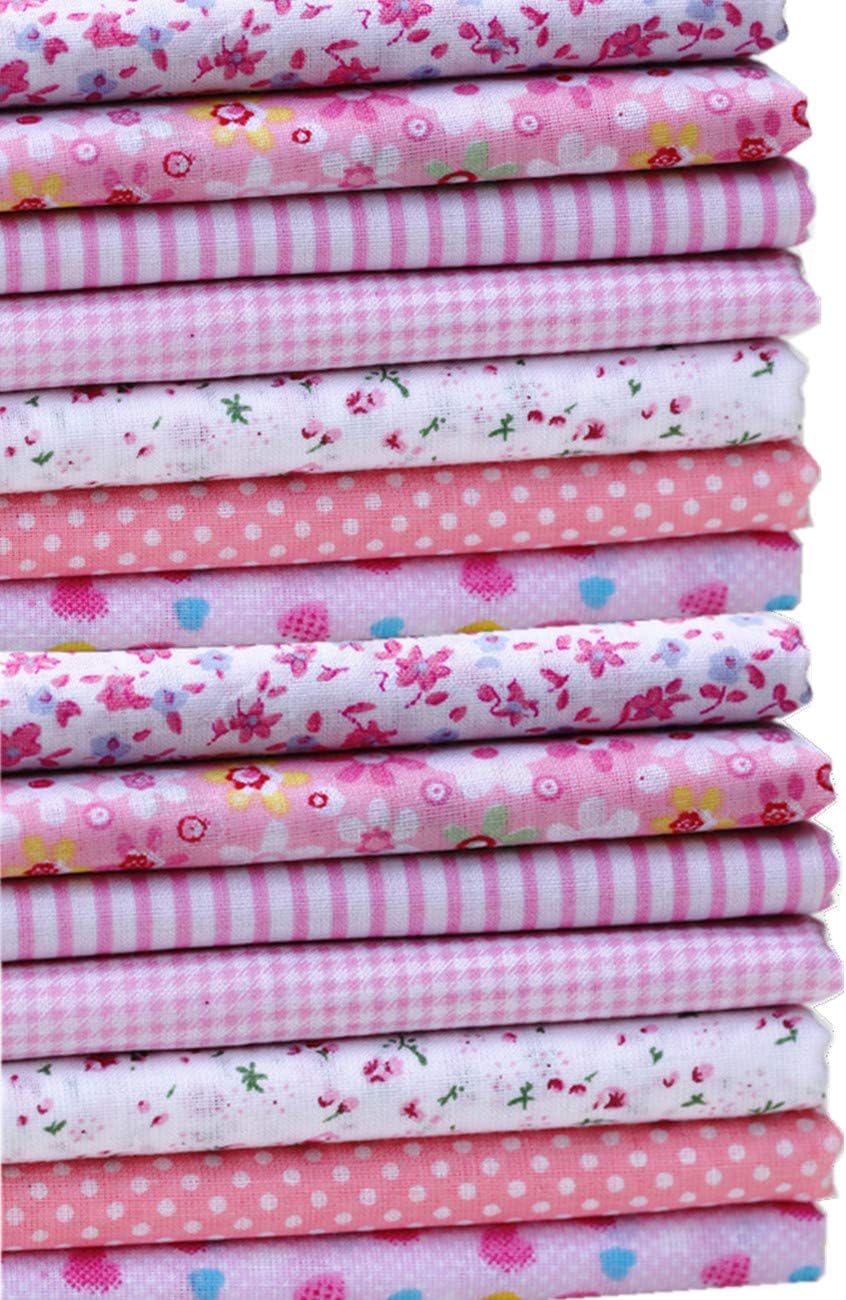 Miss Craft MSCFTFB 14 Pieces Assorted 7 Designs Cotton Square Fabric Bundles Sewing Square Patchwork Precut Fabric Scraps for DIY Quilting Applique Doll Dress Making (Baby Pink)