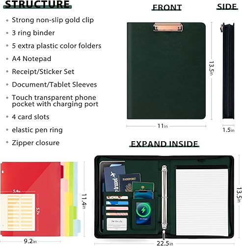 Miniatura 8 de Ospelelf Carpeta de cuero para cartera, carpeta de 3 anillos con portapapeles de almacenamiento, se adapta a papel tamaño carta, con bloc de notas