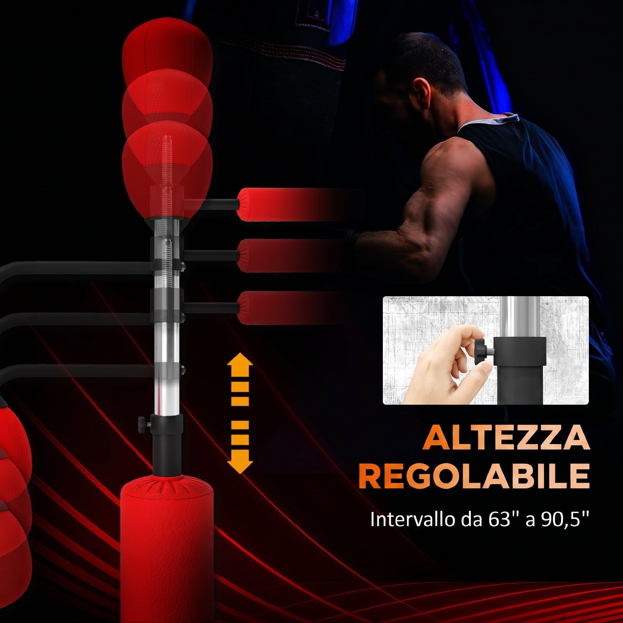 HOMCOM Sacco da Boxe da Terra 4 in 1, Sacco per Pugilato da Terra con 2 Speedball, Barra Girevole per Riflessi, Altezza Regolabile da 160-230cm, per Palestra Casa MMA Thai Adulti