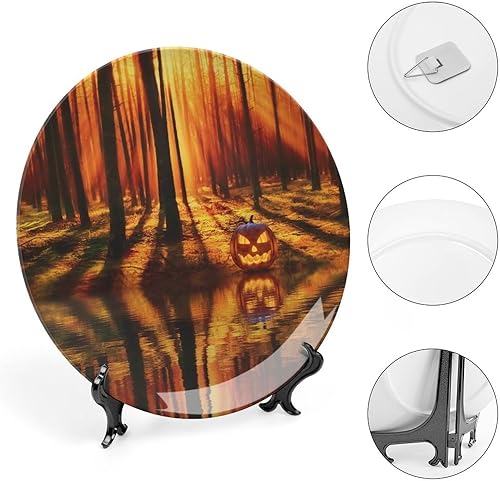 Miniatura 4 de Plato decorativo para colgar de Halloween, lago, bosque, árboles, calabaza, decoración del hogar, decoración del hogar, recuerdo, arte de pared,